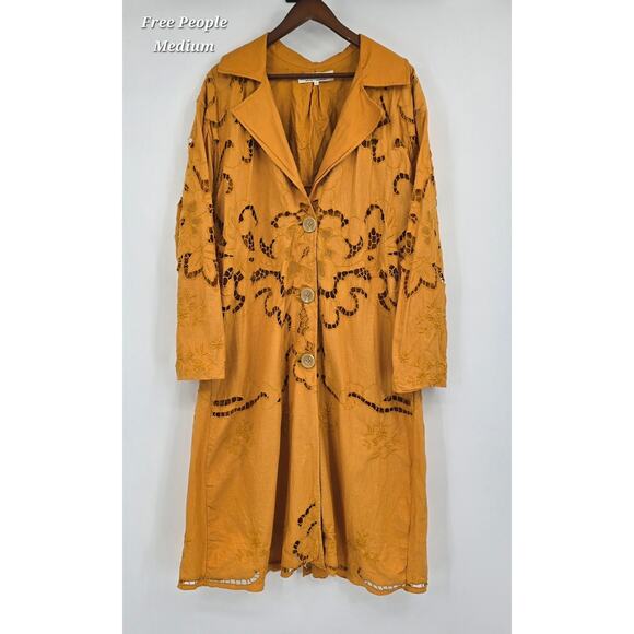 Free People Susanna Eyelet Cotton & Linen Duster Coat – Mustard Amber | Size M - Picture 1 of 6